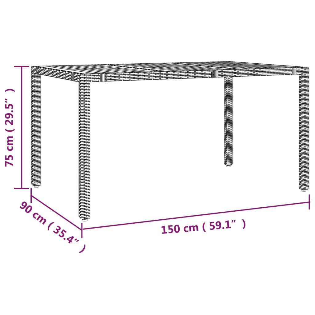 vidaXL Garden Table with Wooden Top Grey Poly Rattan&Solid Wood Acacia - 150 x 90 x 75 cm