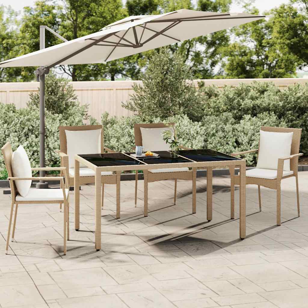vidaXL Garden Table with Glass Top Beige Poly Rattan&Tempered Glass - 150 x 90 x 75 cm