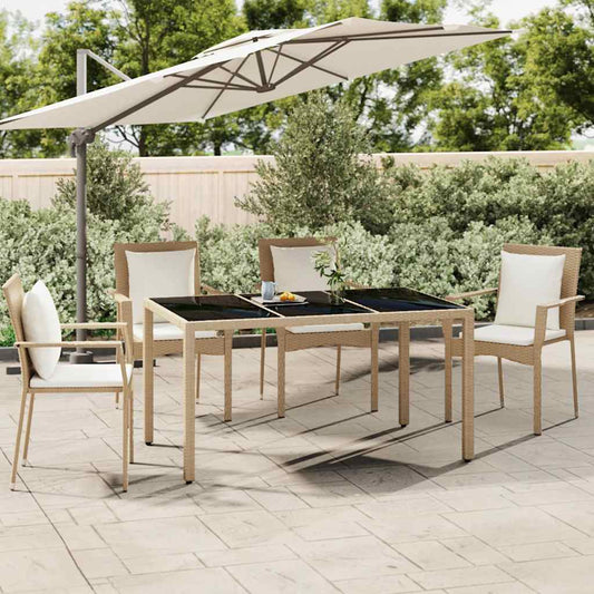 vidaXL Garden Table with Glass Top Beige Poly Rattan&Tempered Glass - 150 x 90 x 75 cm