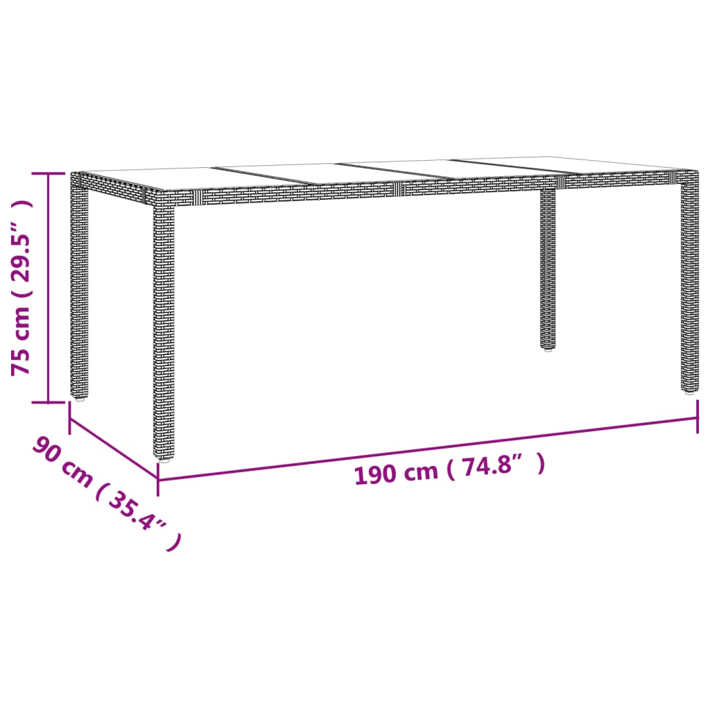 vidaXL Garden Table with Glass Top Beige Poly Rattan&Tempered Glass - 190 x 90 x 75 cm