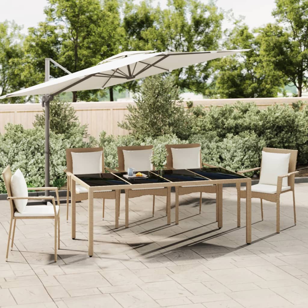 vidaXL Garden Table with Glass Top Beige Poly Rattan&Tempered Glass - 190 x 90 x 75 cm