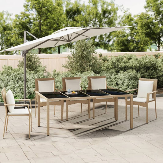 vidaXL Garden Table with Glass Top Beige Poly Rattan&Tempered Glass - 190 x 90 x 75 cm