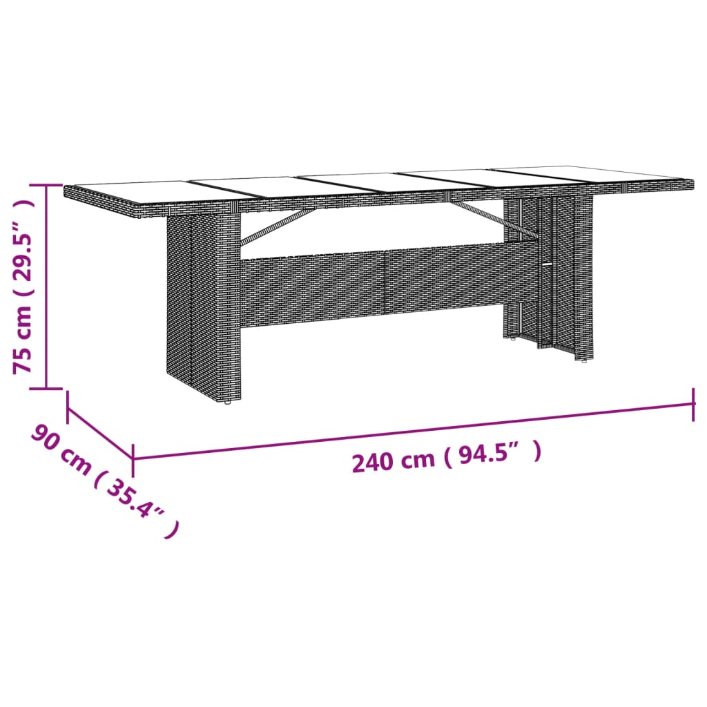 vidaXL Garden Table with Glass Top Beige Poly Rattan&Tempered Glass - 240 x 90 x 75 cm