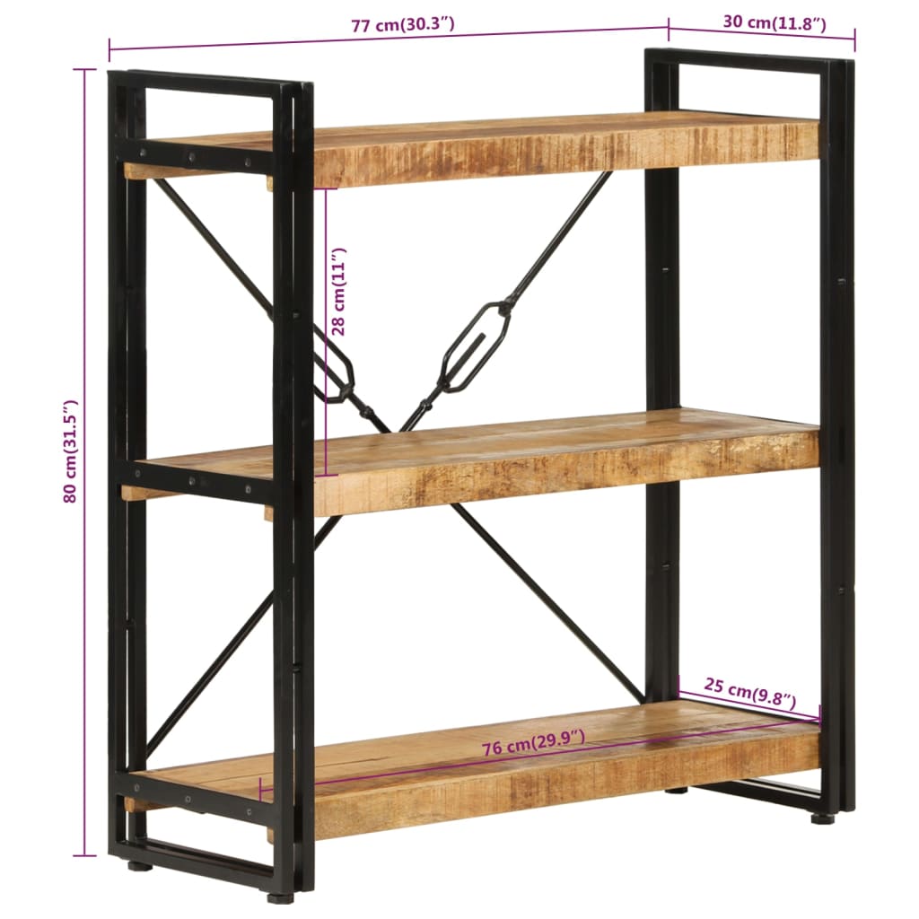 vidaXL 3-Tier Bookcase 77x30x80 cm Solid Wood Mango and Iron - Brown