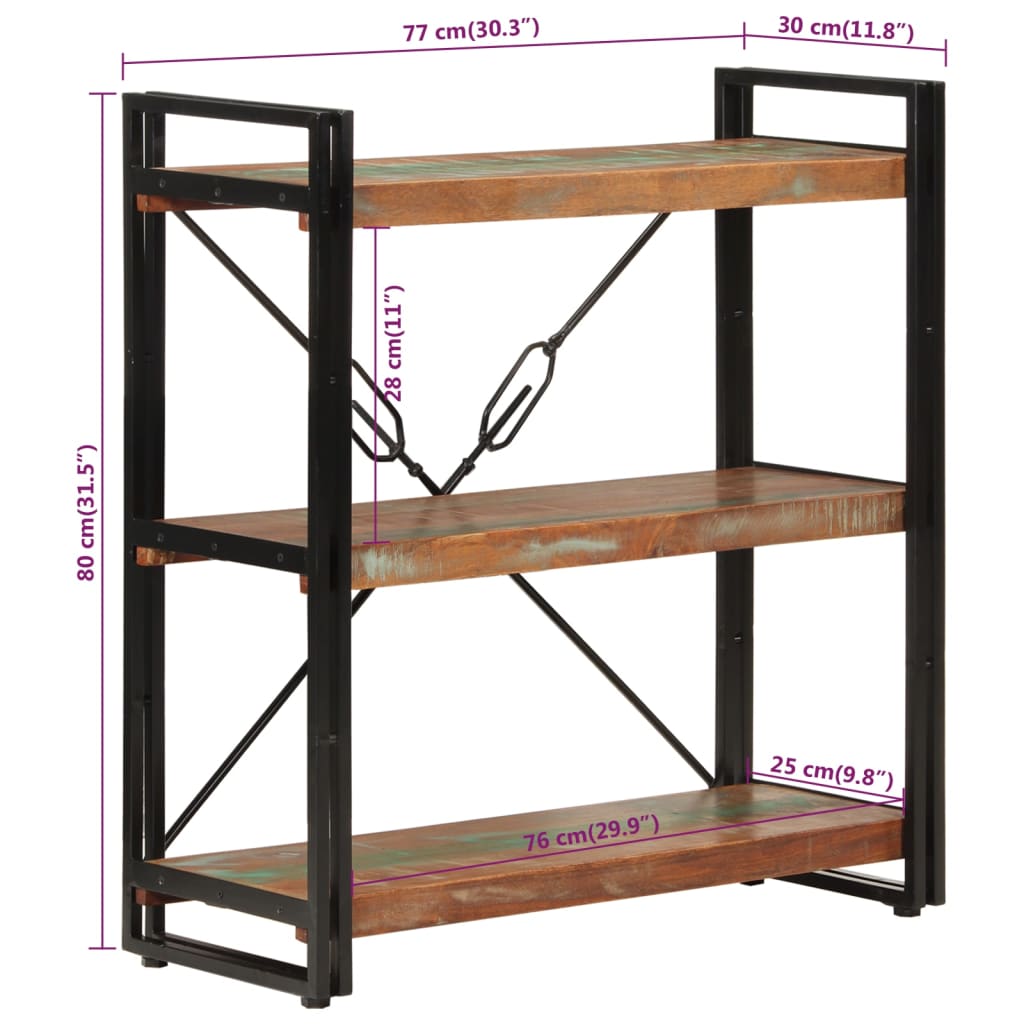 vidaXL 3-Tier Bookcase 77x30x80 cm Solid Wood Reclaimed and Iron - Multicolour