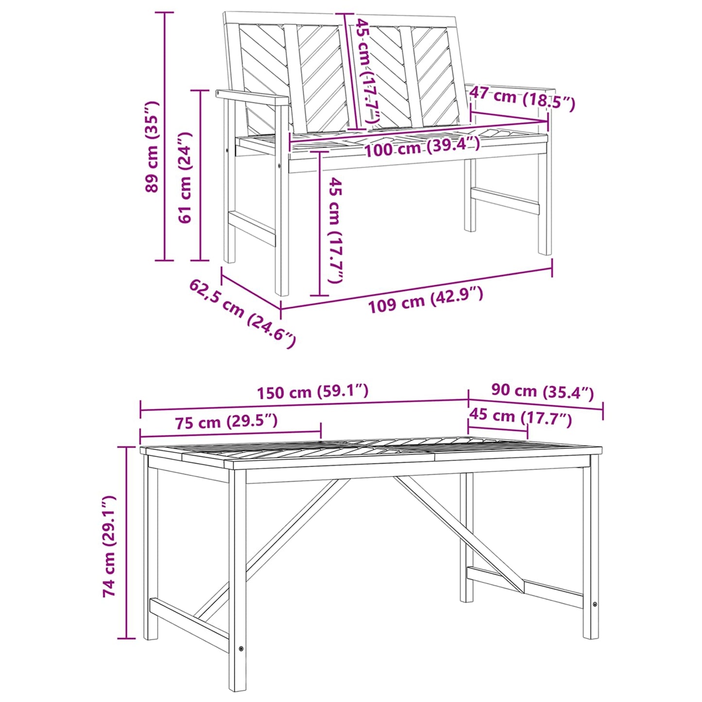 vidaXL Garden Dining Set 3 pcs Brown Solid Acacia Wood - 150 x 90 x 74 cm