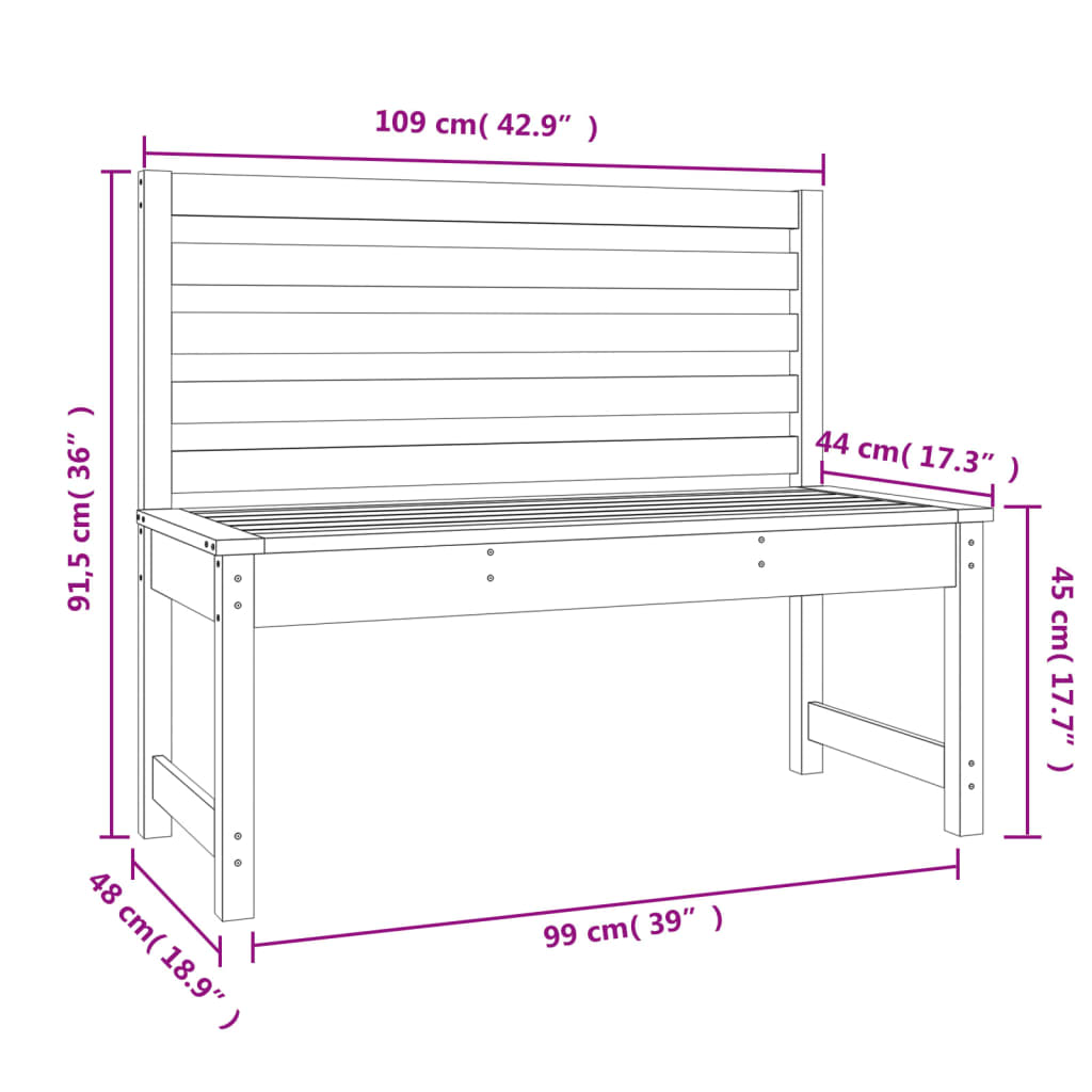 vidaXL Garden Bench White 109 cm Solid Wood Pine - 109 x 48 x 91.5 cm