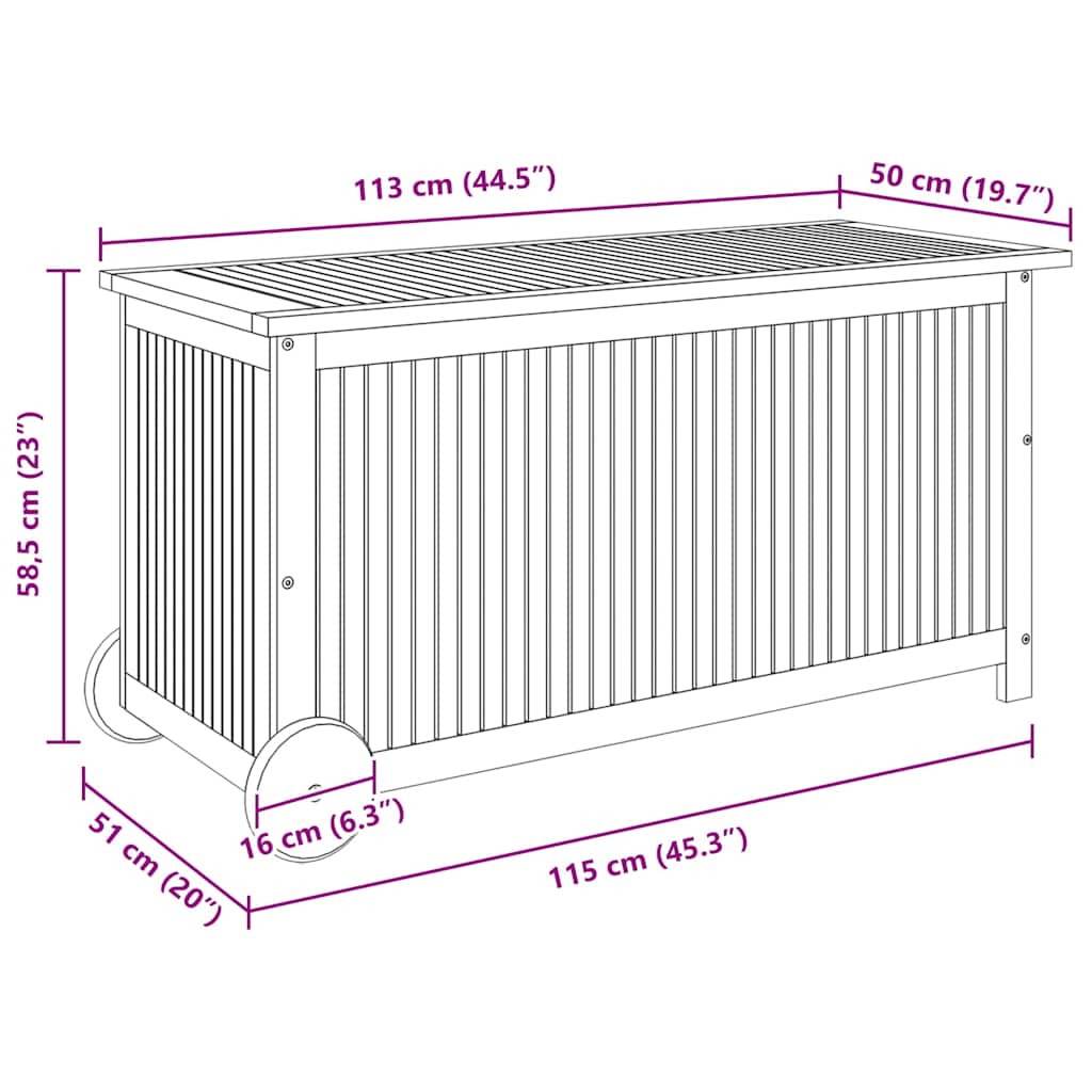 vidaXL Garden Storage Box with Wheels 113x50x58 cm Solid Wood Acacia - Brown