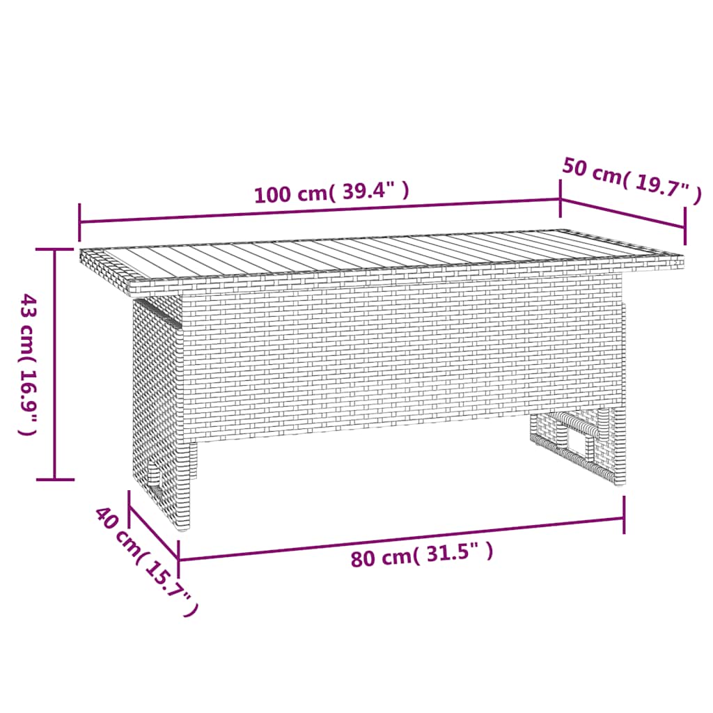 vidaXL Garden Table Grey 100x50x43/63 cm Solid Wood Acacia&Poly Rattan - Black