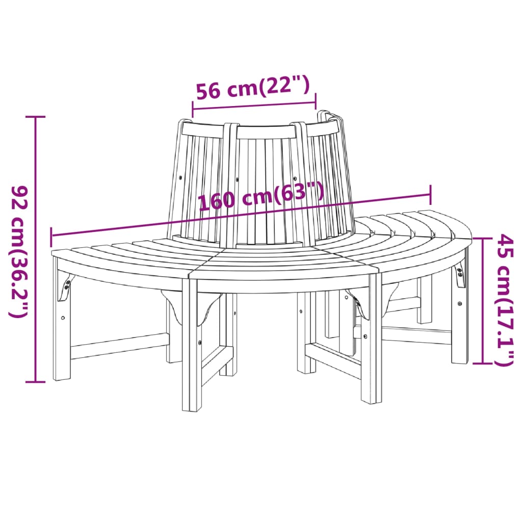 vidaXL Half Round Tree Bench Ø160 cm Solid Wood Eucalyptus - Brown - 160 x 80 x 92 cm