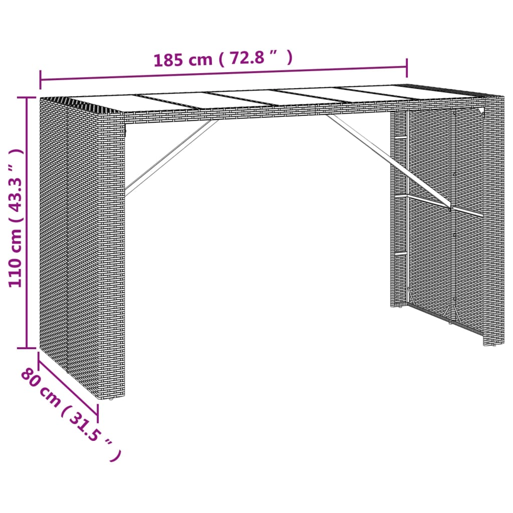 vidaXL Bar Table with Glass Top Black 185x80x110 cm Poly Rattan