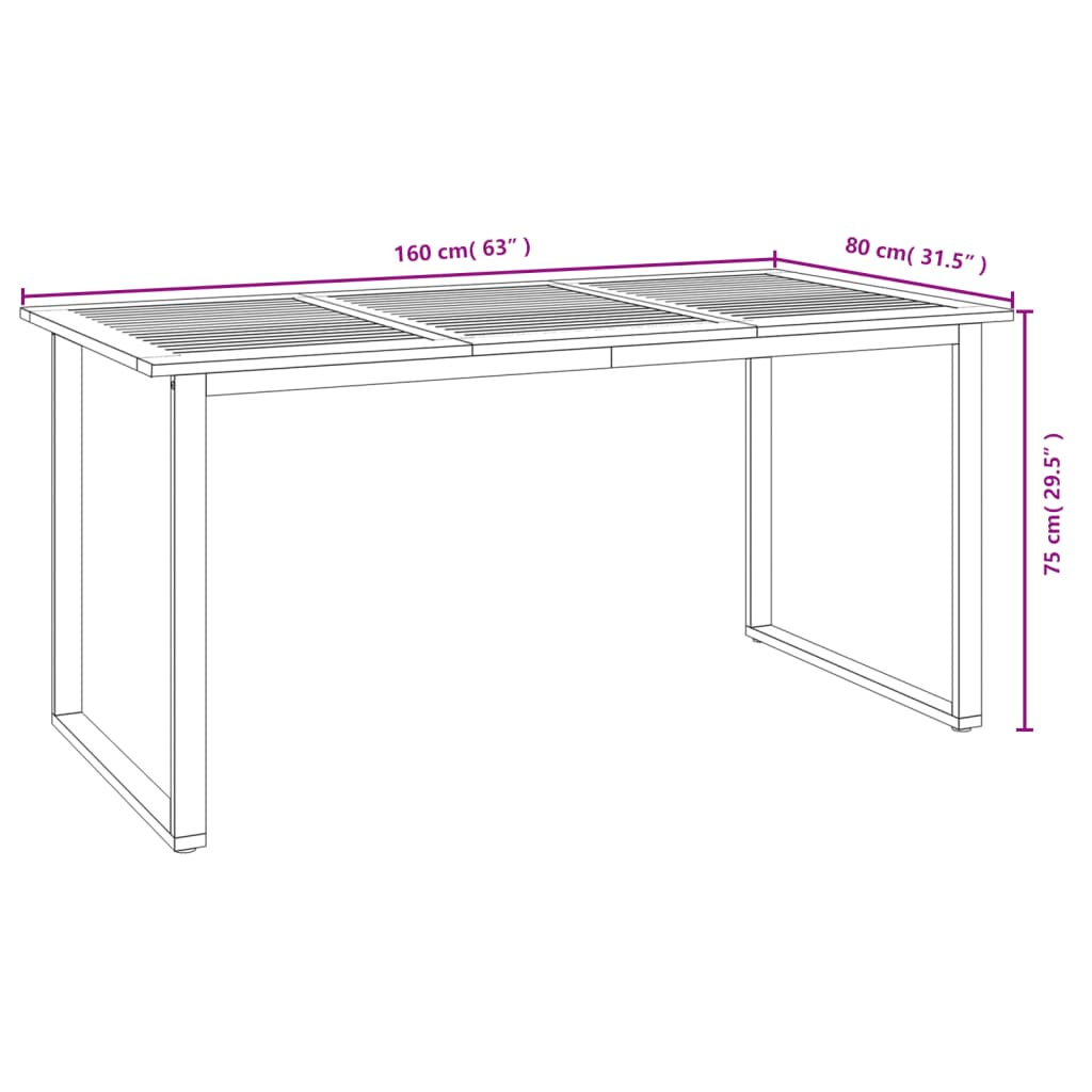 vidaXL Garden Table with U-shaped Legs 160x80x75 cm Solid Wood Acacia - Brown