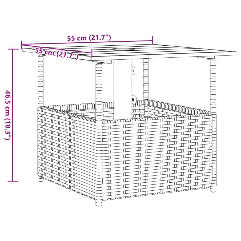 vidaXL Garden Table with Parasol Hole Brown 55x55x46.5 cm Poly Rattan