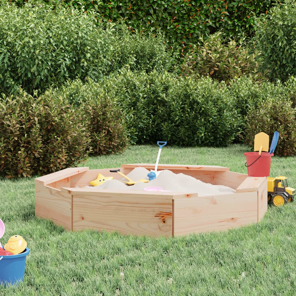 vidaXL Sandbox with Seats Octagon Solid Wood Pine - Brown - 111 x 111 x 20 cm