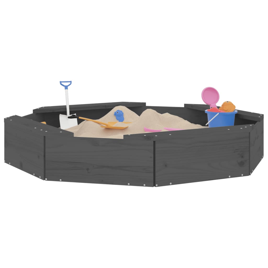 vidaXL Sandbox with Seats Grey Octagon Solid Wood Pine - 111 x 111 x 20 cm