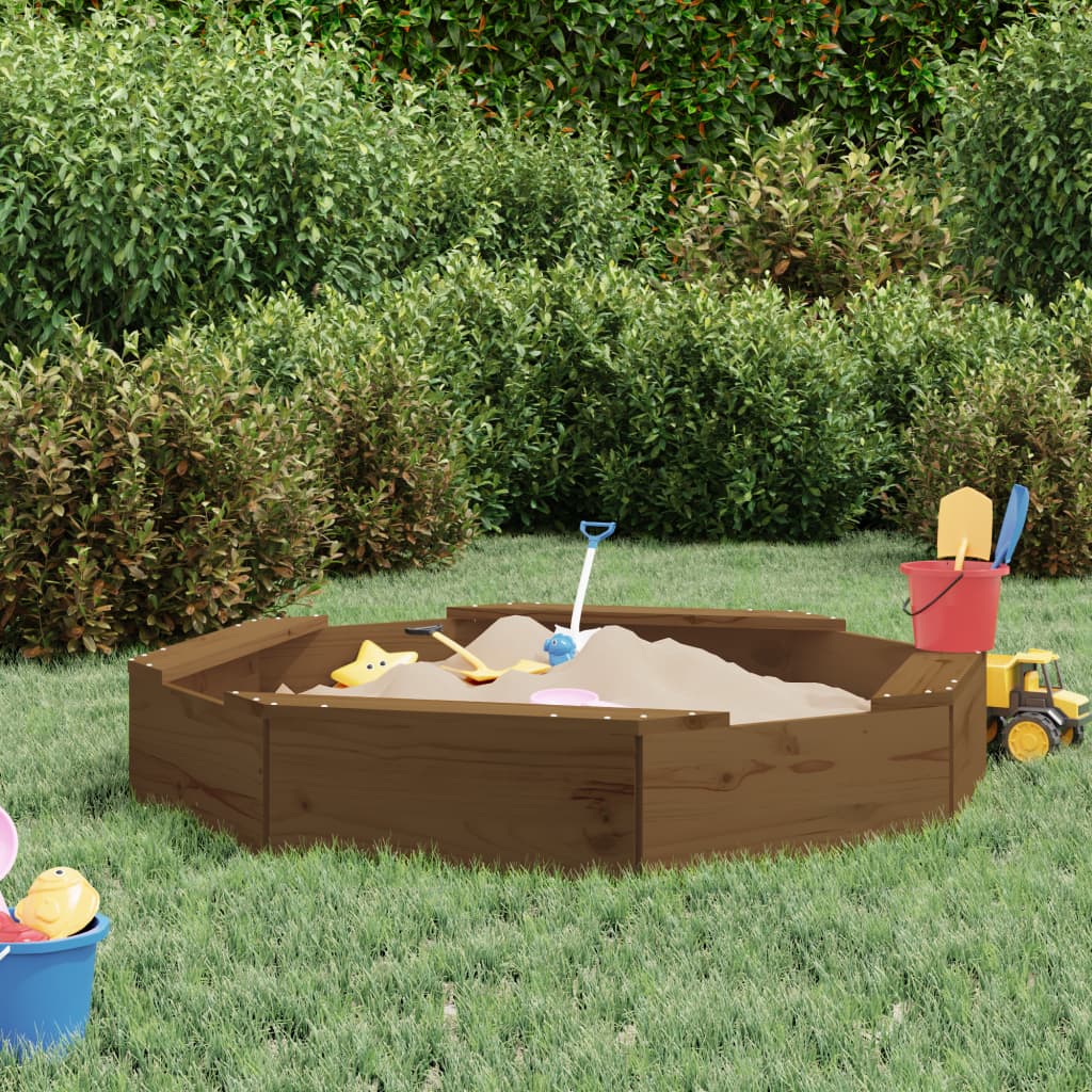 vidaXL Sandbox with Seats Honey Brown Octagon Solid Wood Pine - 111 x 111 x 20 cm