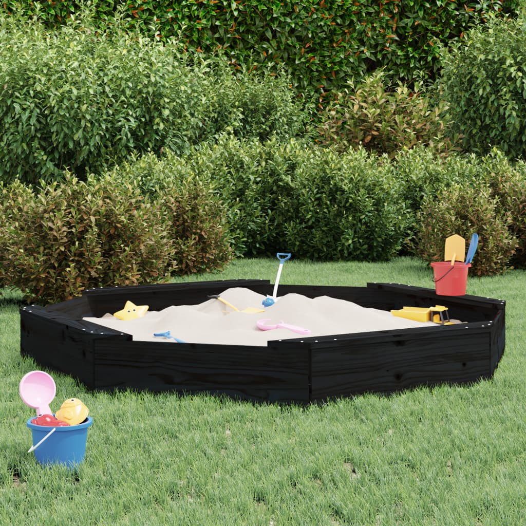 vidaXL Sandbox with Seats Black Octagon Solid Wood Pine - 159.5 x 159.5 x 20 cm