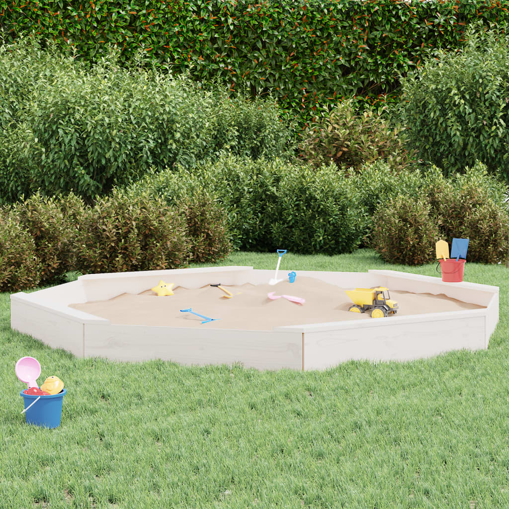 vidaXL Sandbox with Seats White Octagon Solid Wood Pine - 232 x 232 x 20 cm