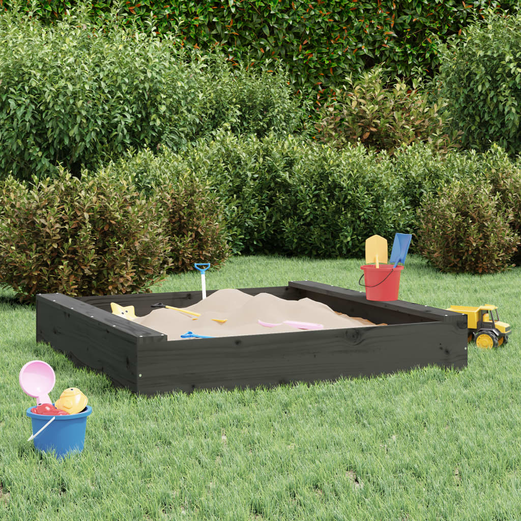 vidaXL Sandbox with Seats Grey Square Solid Wood Pine - 111 x 111 x 20 cm