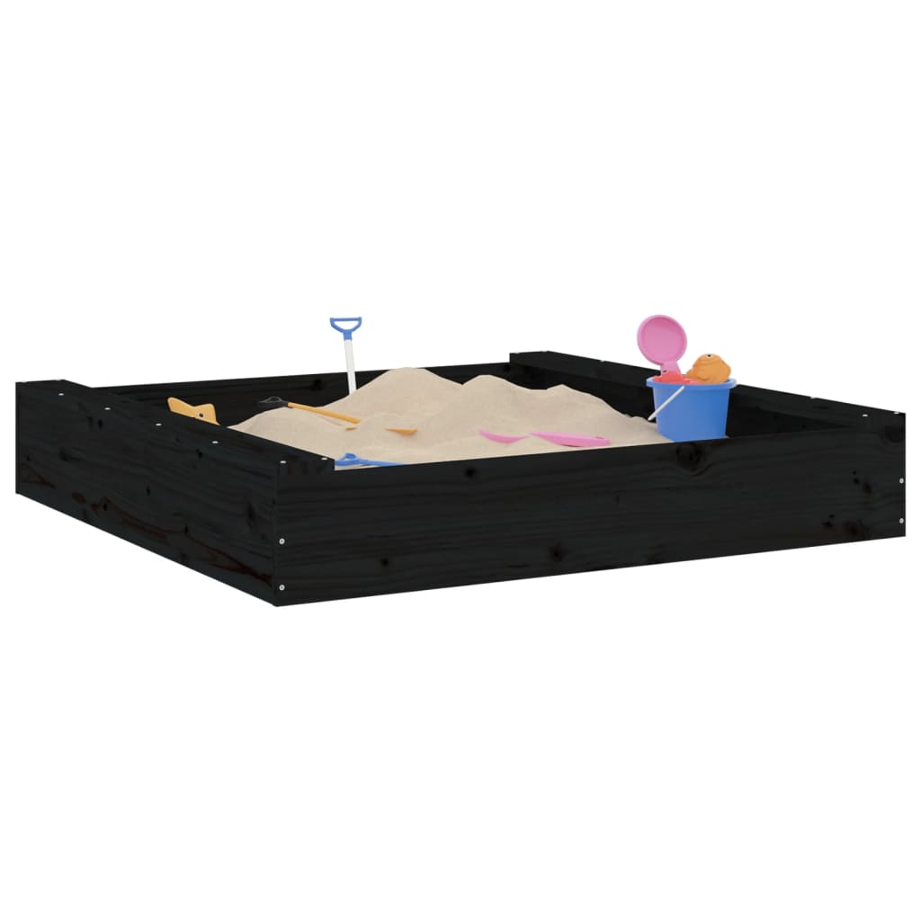 vidaXL Sandbox with Seats Black Square Solid Wood Pine - 111 x 111 x 20 cm