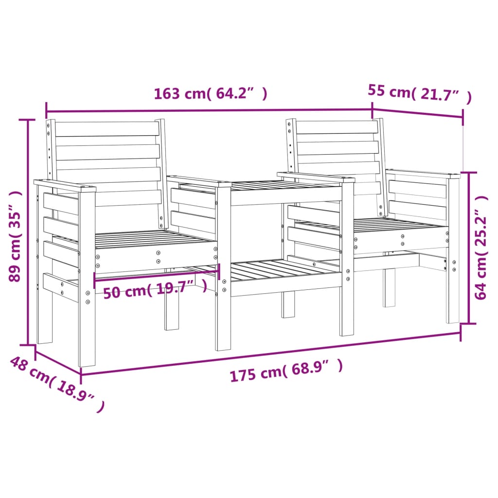 vidaXL Garden Bench with Table 2-Seater Solid Wood Pine - Brown