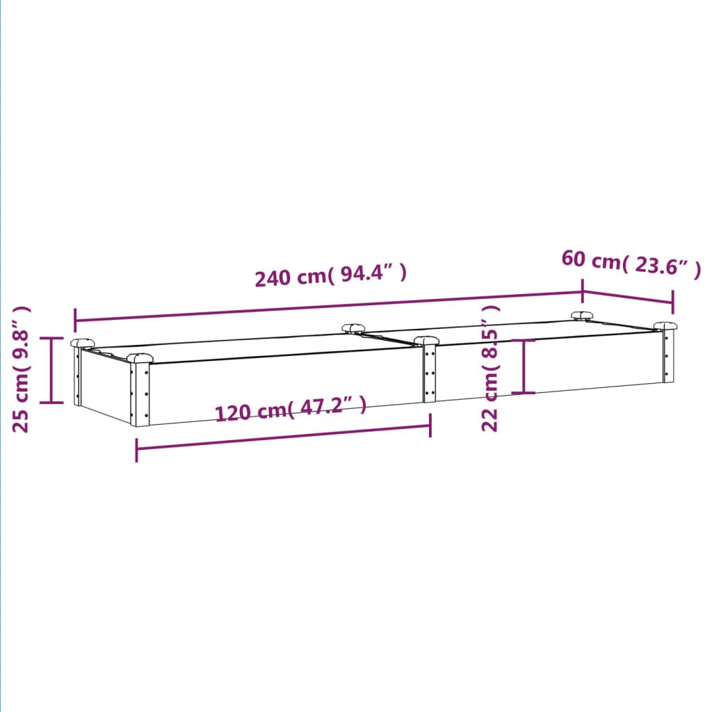 vidaXL Garden Raised Bed with Liner 240x60x25 cm Solid Wood Fir - Brown