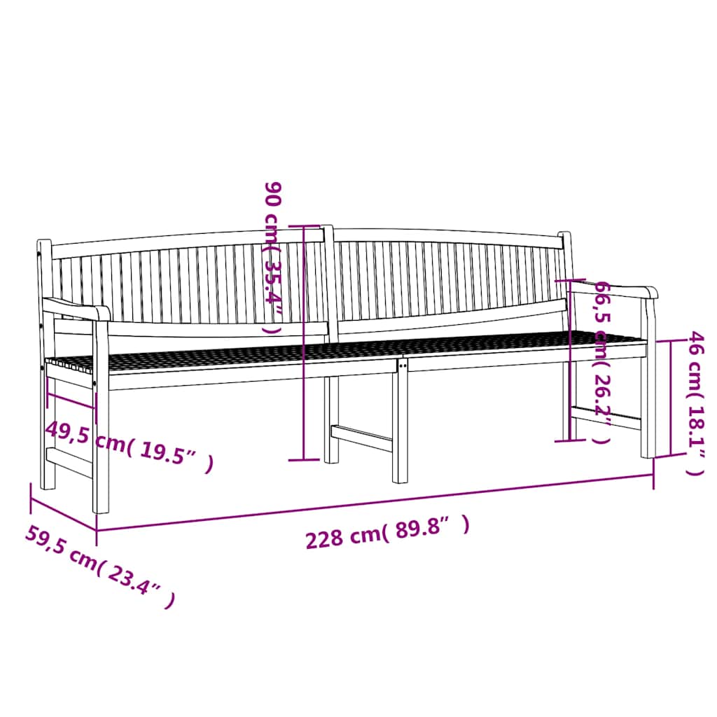 vidaXL Garden Bench 228x59.5x90 cm Solid Teak Wood - Brown