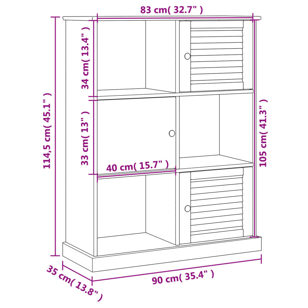 vidaXL Bookcase VIGO 90x35x114.5 cm Solid Wood Pine - Brown