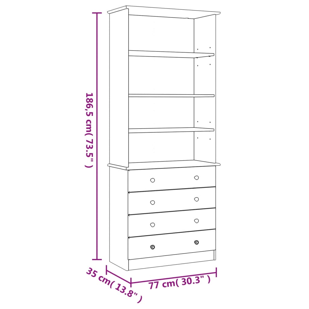 vidaXL Bookcase with Drawers ALTA 77x35x186.5 cm Solid Wood Pine - Brown