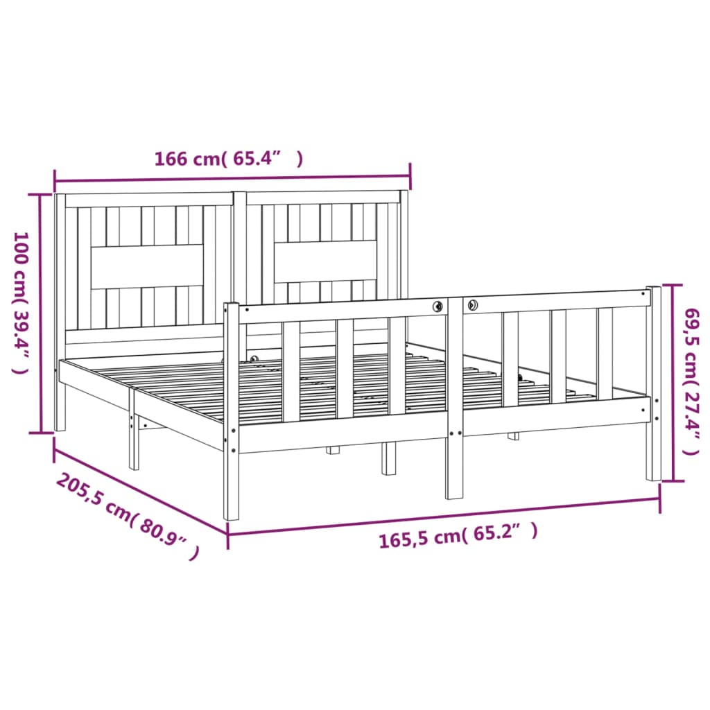 vidaXL Bed Frame without Mattress Solid Wood Pine 160x200 cm - Brown - 205.5 x 165.5 x 69.5 cm