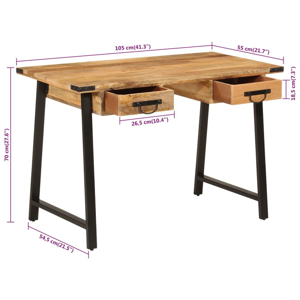 vidaXL Desk with Drawers 105x55x70 cm Solid Wood Mango and Iron - Brown