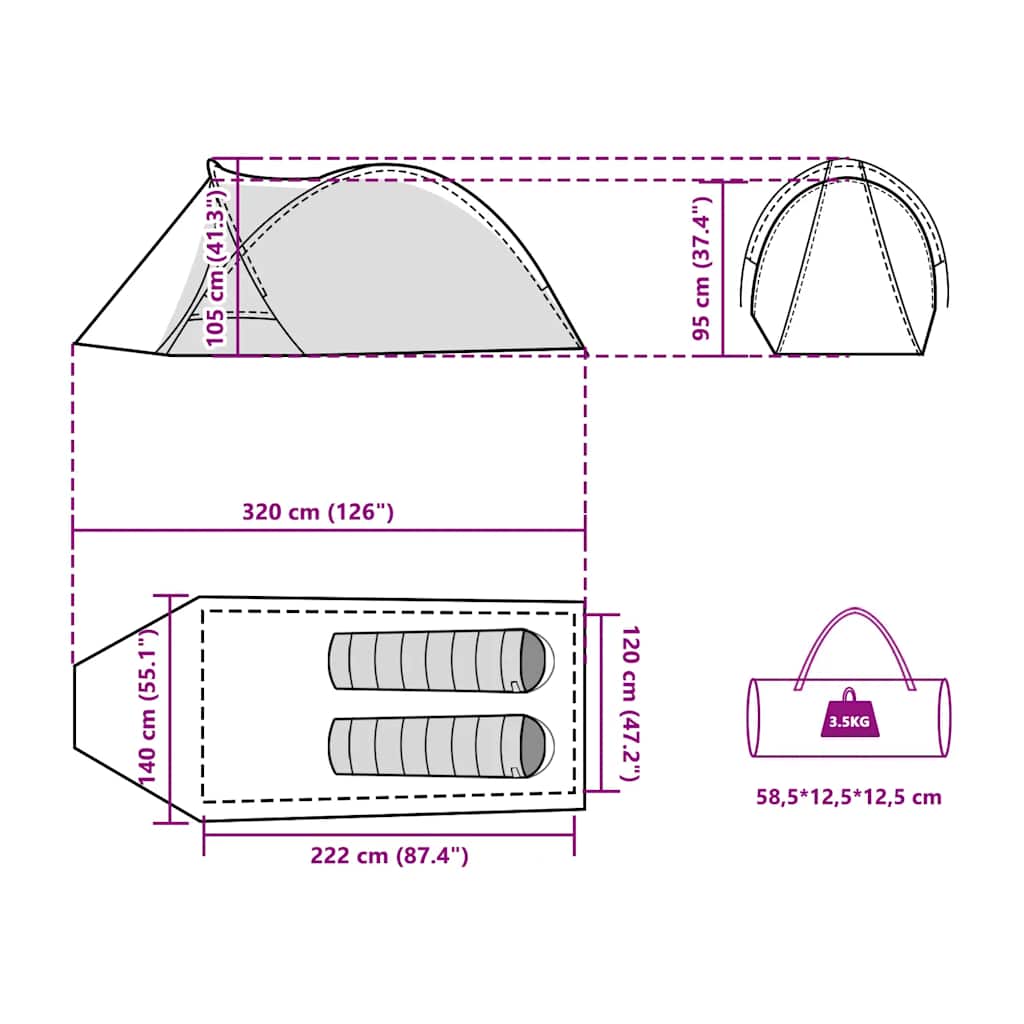 vidaXL Camping Tent Dome 2-Person Grey and Orange Waterproof - 42430