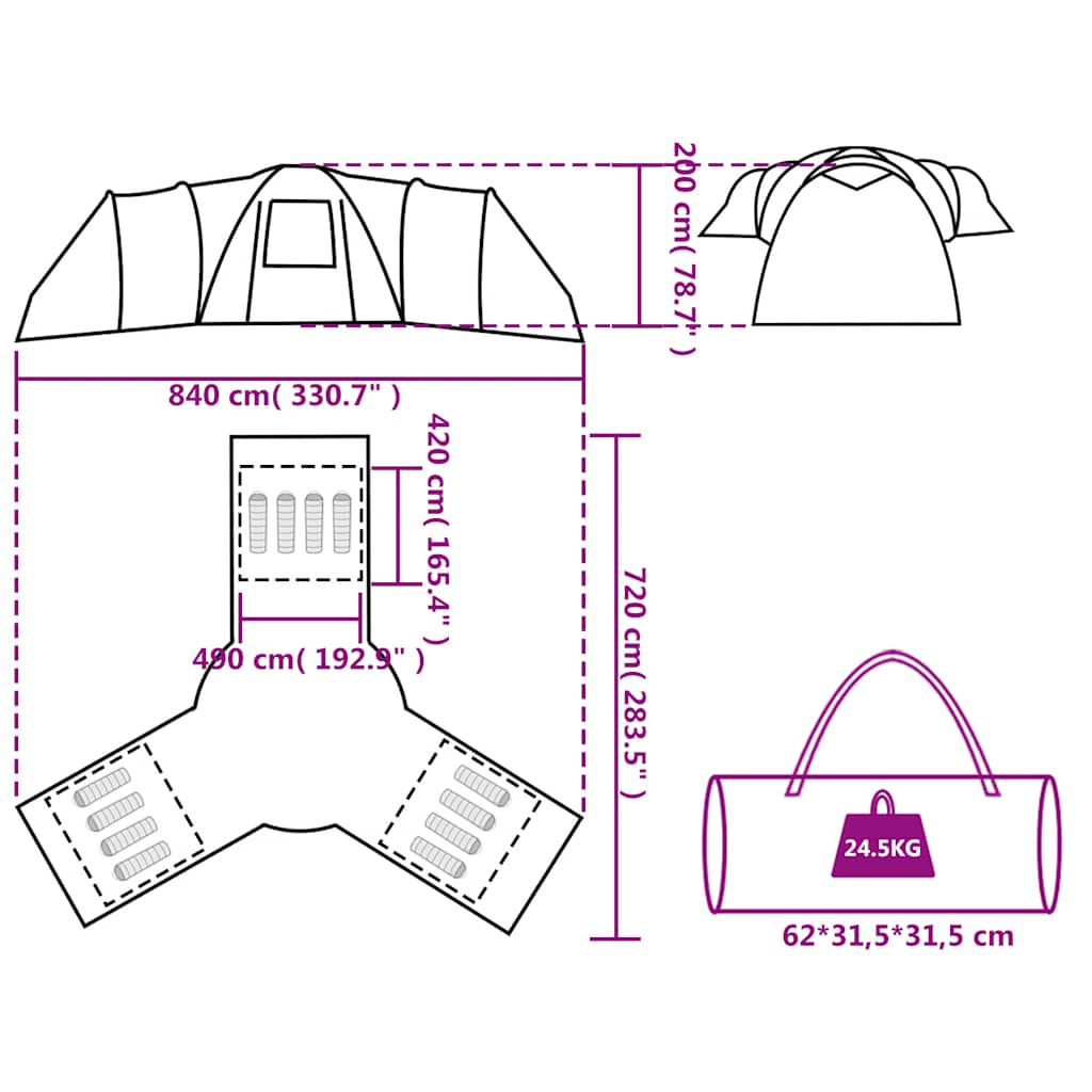 vidaXL Family Tent Dome 12-Person Grey and Orange Waterproof