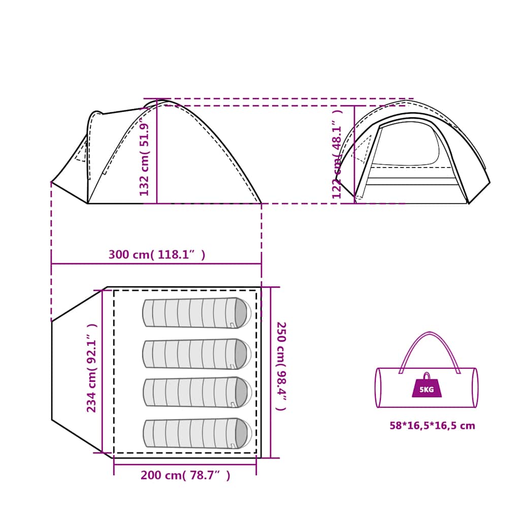 vidaXL Camping Tent Dome 4-Person Green Waterproof - 42492