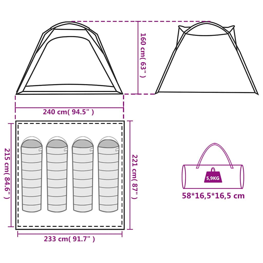 vidaXL Camping Tent 4-Person Green Quick Release Waterproof