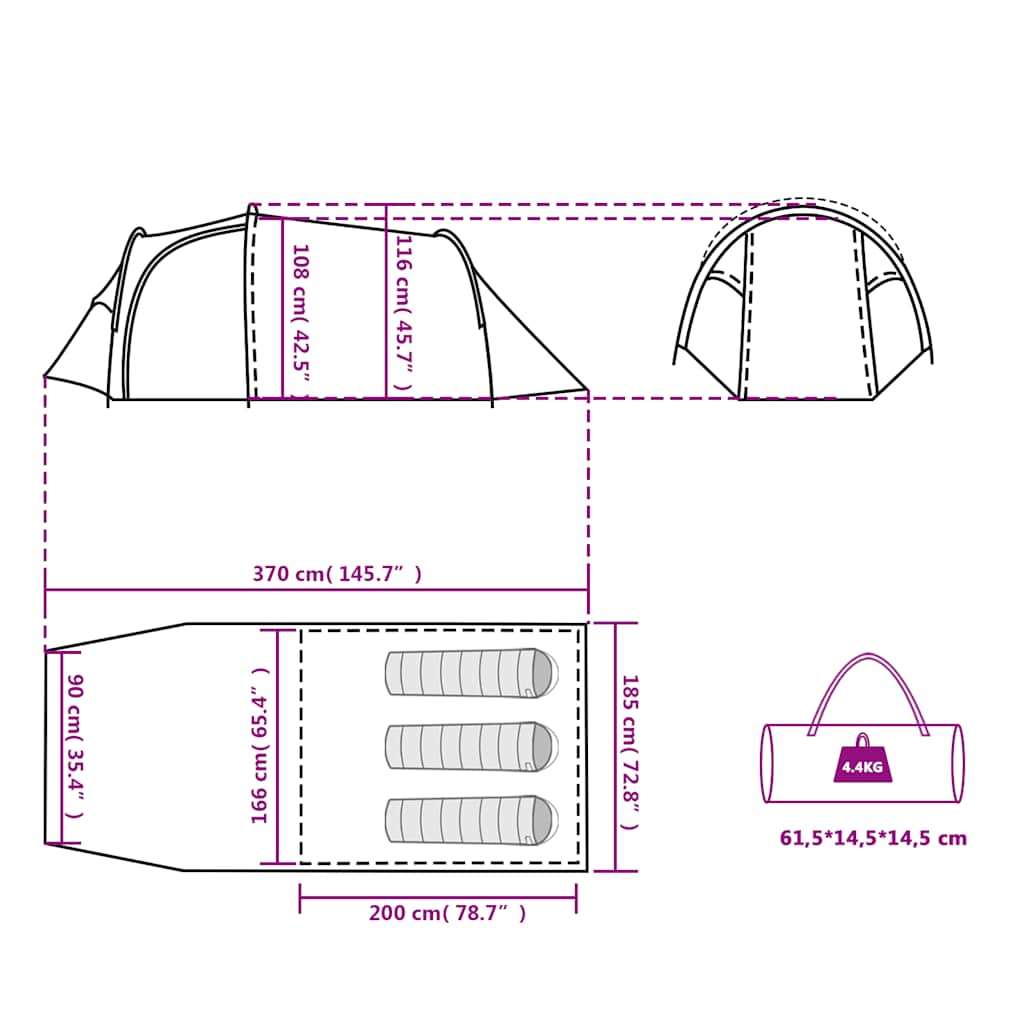 vidaXL Camping Tent Tunnel 3-Person Orange Waterproof