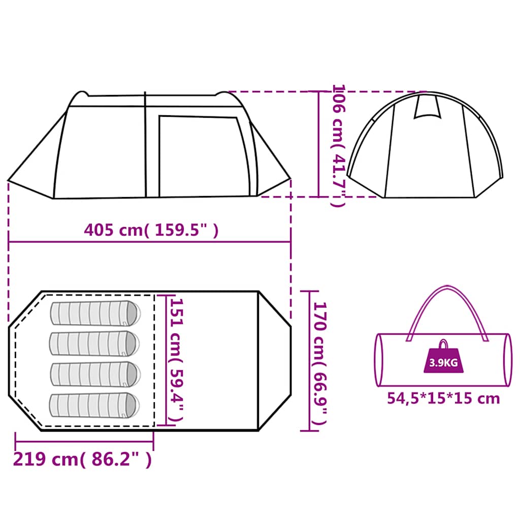 vidaXL Camping Tent Tunnel 4-Person Green Waterproof - 42711