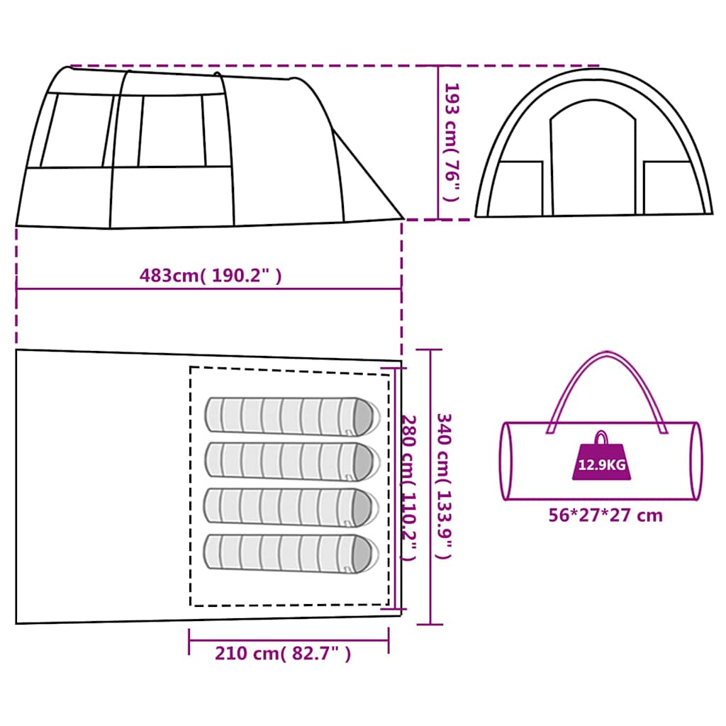 vidaXL Camping Tent Tunnel 4-Person Green Waterproof - 42730