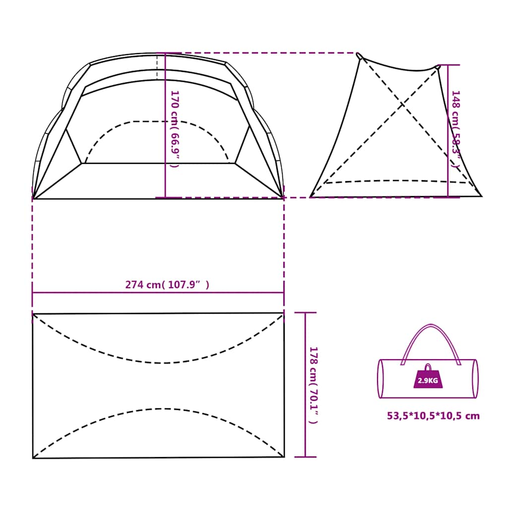 vidaXL Beach Tent Grey 274x178x170/148 cm 185T Polyester