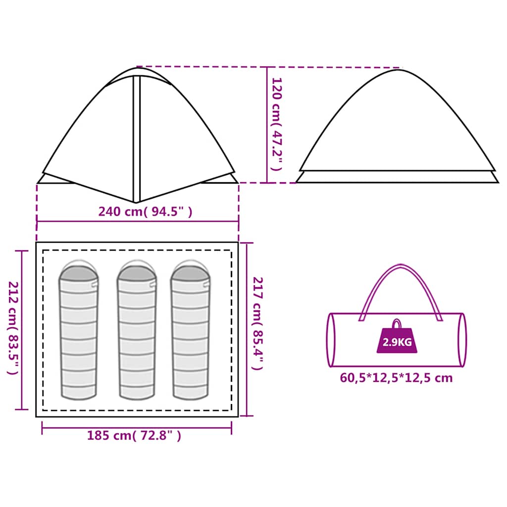 vidaXL Camping Tent Dome 3-Person Blue Waterproof - 42774