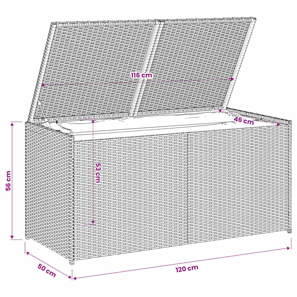 vidaXL Garden Storage Box Black 283L Poly Rattan - 120 x 50 x 56 cm