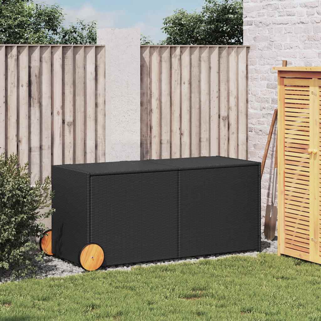 vidaXL Garden Storage Box with Wheels Black 283L Poly Rattan - 127 x 55 x 56/59.5 cm