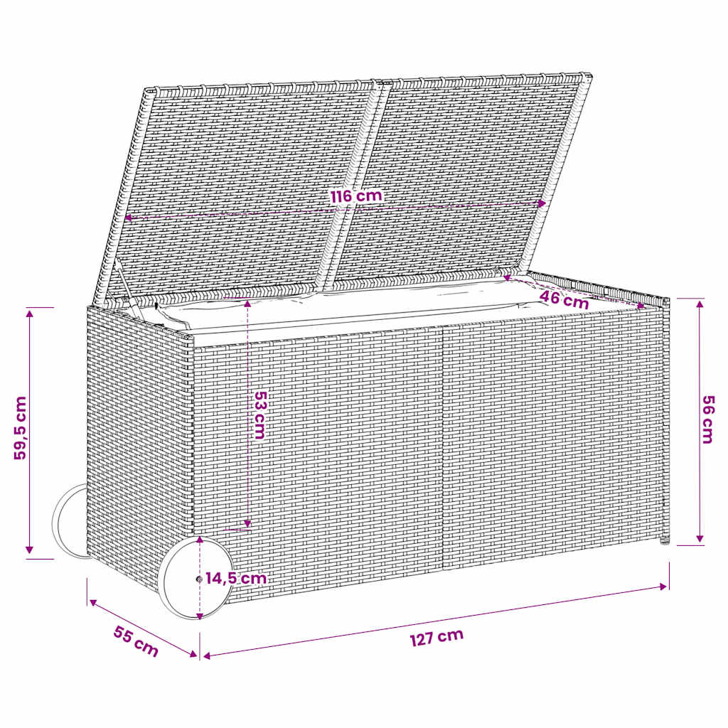vidaXL Garden Storage Box with Wheels Black 283L Poly Rattan - 127 x 55 x 56/59.5 cm