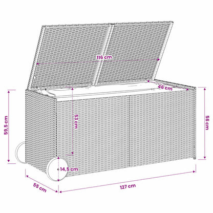 vidaXL Garden Storage Box with Wheels Black 283L Poly Rattan - 127 x 55 x 56/59.5 cm