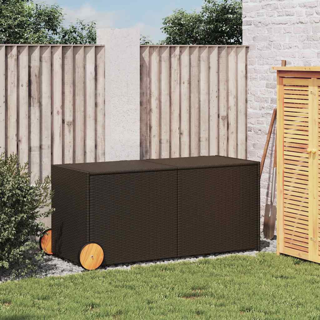 vidaXL Garden Storage Box with Wheels Brown 283L Poly Rattan - 127 x 55 x 56/59.5 cm