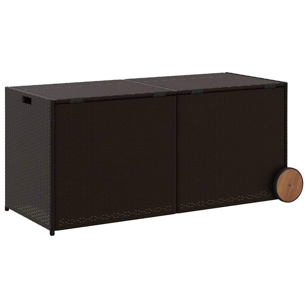 vidaXL Garden Storage Box with Wheels Brown 283L Poly Rattan - 127 x 55 x 56/59.5 cm