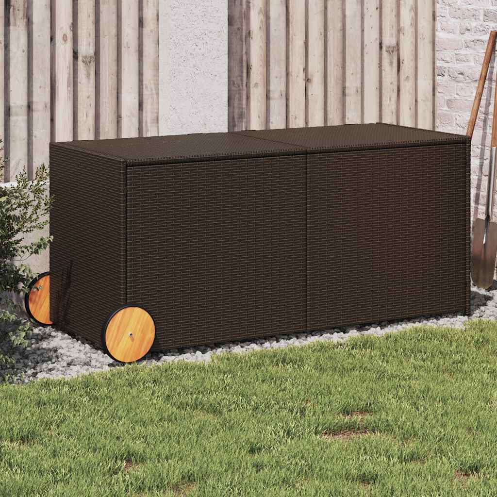 vidaXL Garden Storage Box with Wheels Brown 283L Poly Rattan - 127 x 55 x 56/59.5 cm