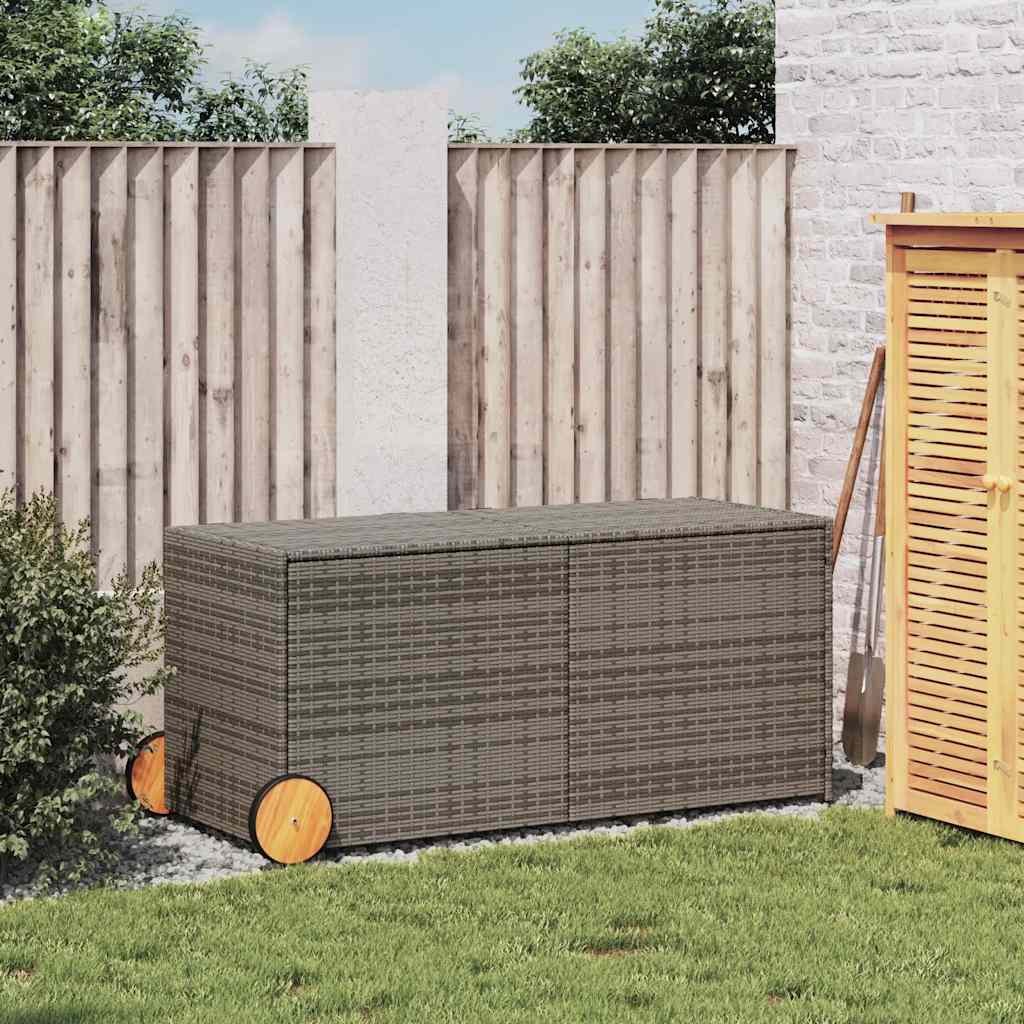 vidaXL Garden Storage Box with Wheels Grey 283L Poly Rattan - 127 x 55 x 56/59.5 cm