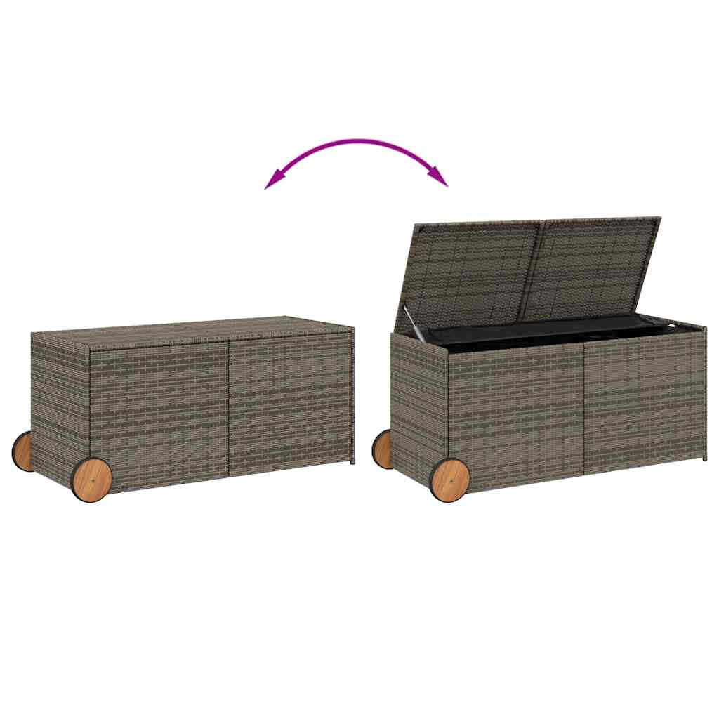 vidaXL Garden Storage Box with Wheels Grey 283L Poly Rattan - 127 x 55 x 56/59.5 cm