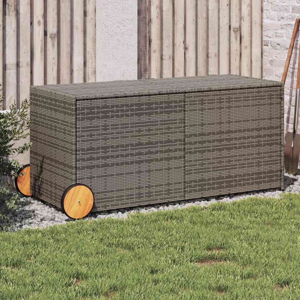 vidaXL Garden Storage Box with Wheels Grey 283L Poly Rattan - 127 x 55 x 56/59.5 cm